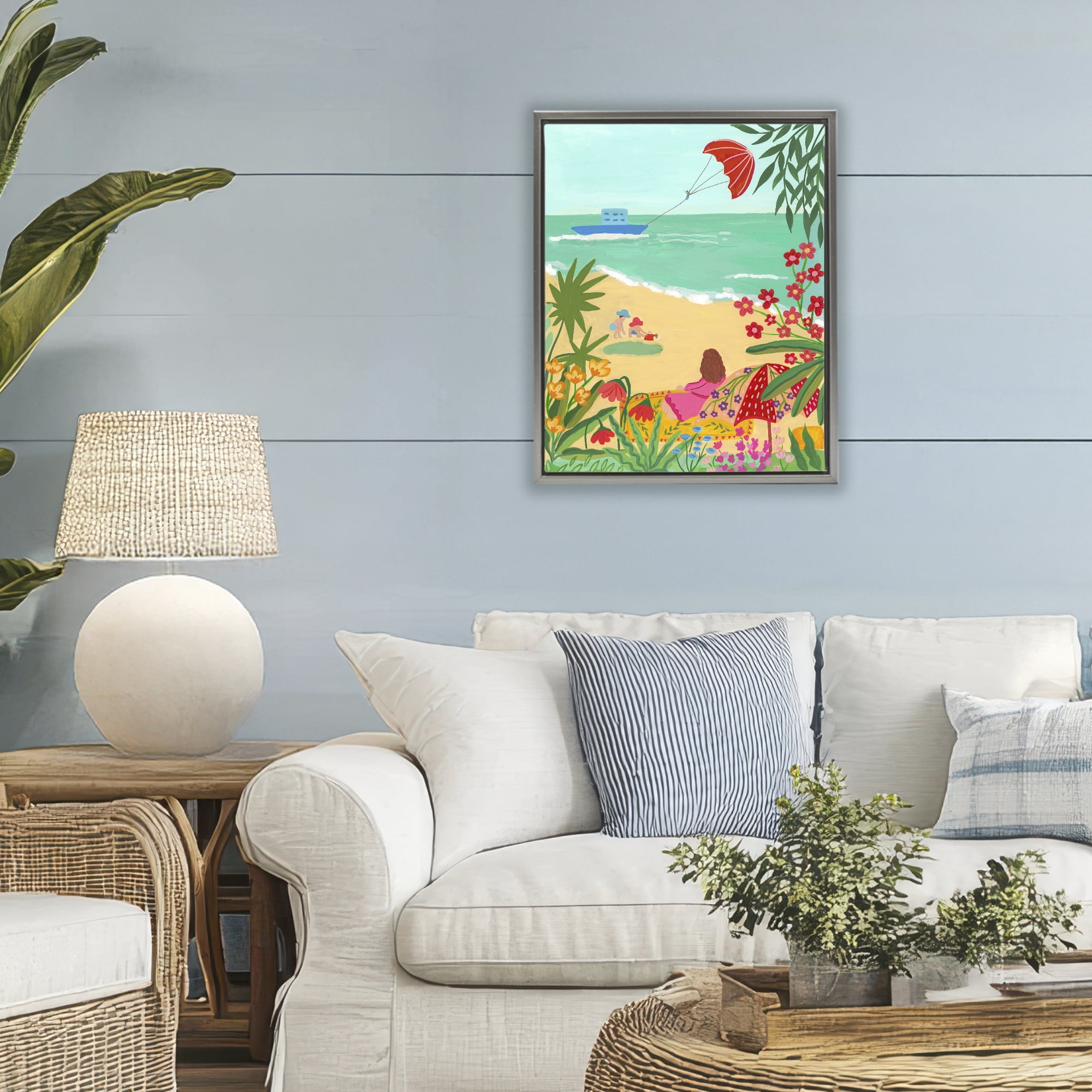 Beach And Flowers View Gray Framed Floater Canvas Wall Art, design by Nabeela Rumi