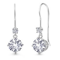 Gem Stone King 14K White Gold White Created Sapphire and Lab Grown Diamond Dangle Earrings for Women | 2.13 Cttw | Round 6MM | Gemstone September Birthstone