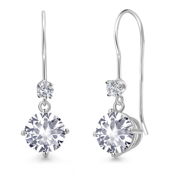 Gem Stone King 14K White Gold White Created Sapphire and Lab Grown Diamond Dangle Earrings for Women | 2.13 Cttw | Round 6MM | Gemstone September Birthstone