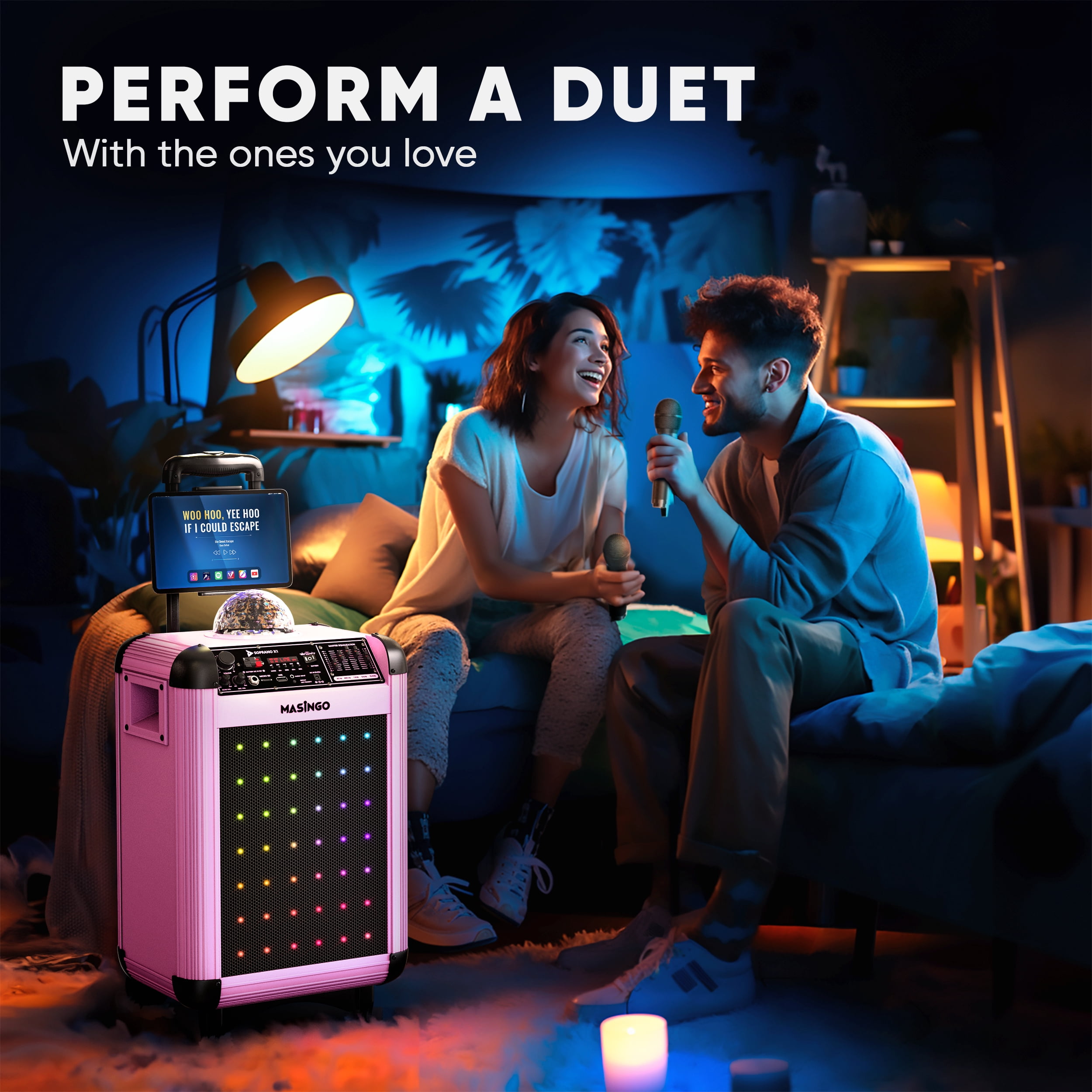 MASINGO Karaoke Machine for Adults & Kids with 2 UHF Wireless Microphones - Portable Singing PA Speaker System w/Two Bluetooth Mics, Party Lights, Lyrics Display Holder & TV Cable - Soprano X1 Pink