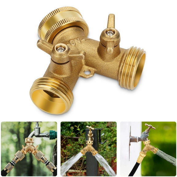TSV Brass Garden Hose Splitter 2 Way, Heavy Duty Y-Shaped Garden Hose Connector with Shut Off Valve