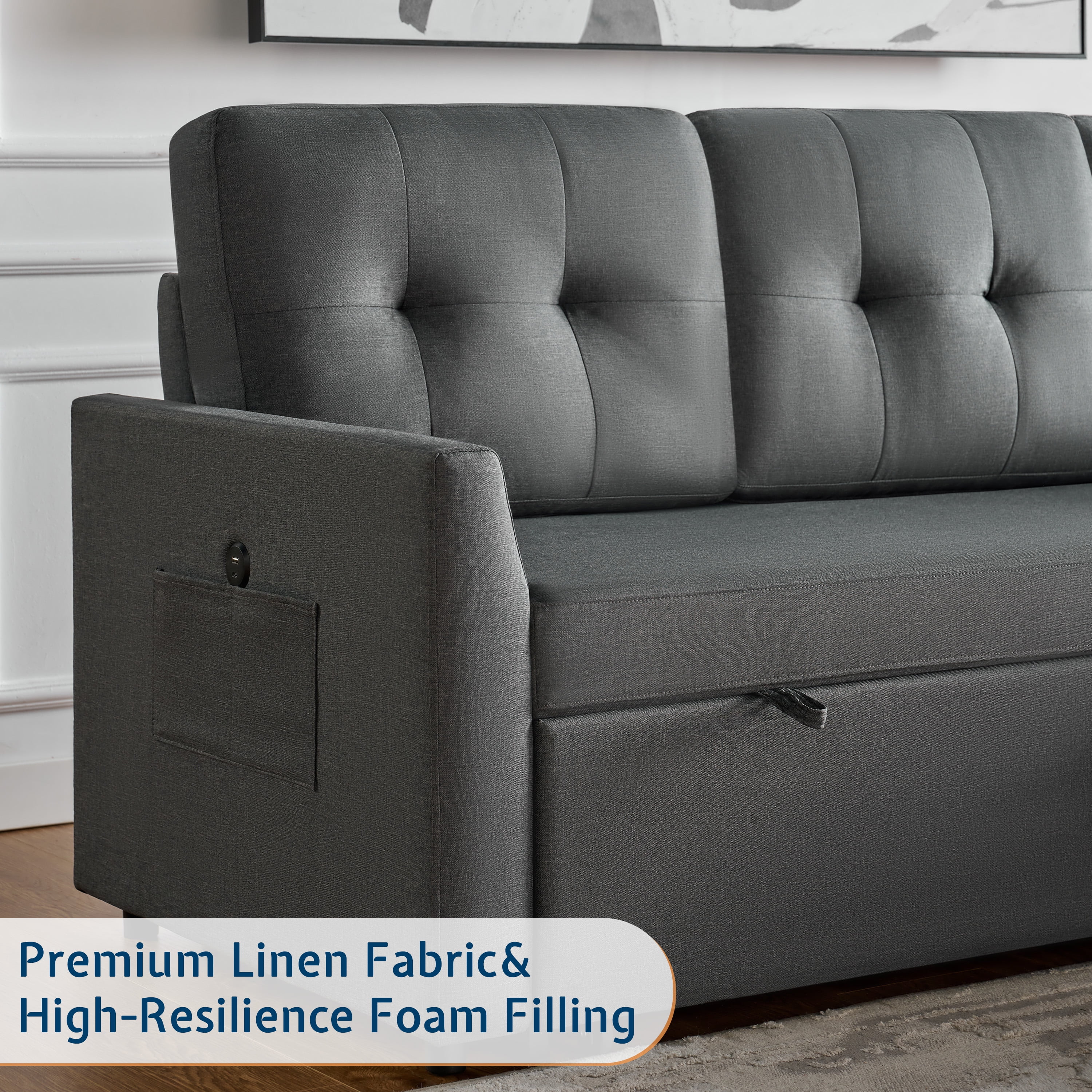 MERLUXY 84" Sofa Bed, Reversible Pull Out Couch with Storage Chaise for living Room, 3 Seater, Gray