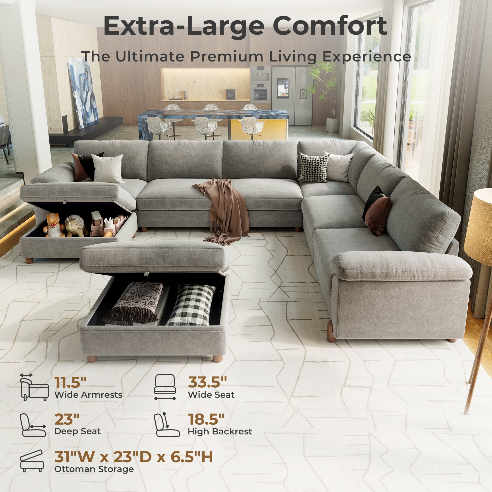 Modular Sectional Sofa with Removable Washable Covers, Oversized Deep Seat 6 Seater V Shaped Couch with Storage Ottoman, Chenille in Light Gray