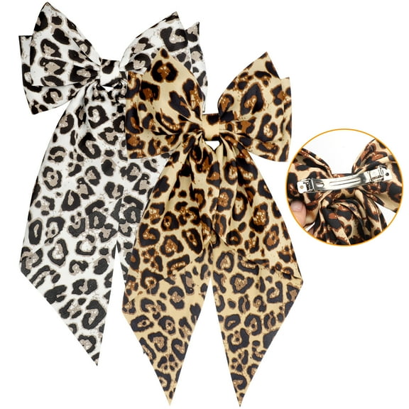 TSV 2pcs Hair Leopard Bows, Long Tail Bow Clip Big French Barrette for Women Girl
