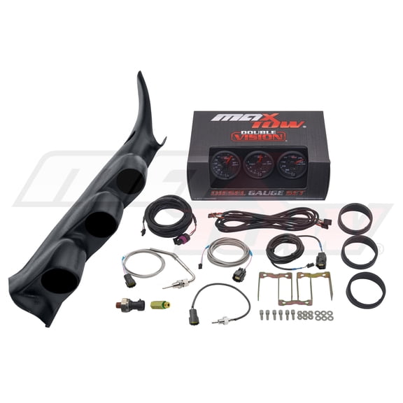 MaxTow | 2000-2006 Chevy Silverado 6.6 Duramax Graphite Triple Gauge Pillar Pod with Speaker Cutout and Black & Green Double Vision Series 60 PSI Boost Gauge, 1500 F EGT Pyrometer & Trans Temp Gauge