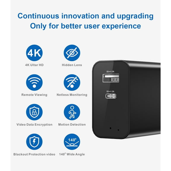CAMDUCK Charger 160° Wide Angle 4K HD Charger Camera with Motion Detection, App Remote Control and 24/7 continuou.