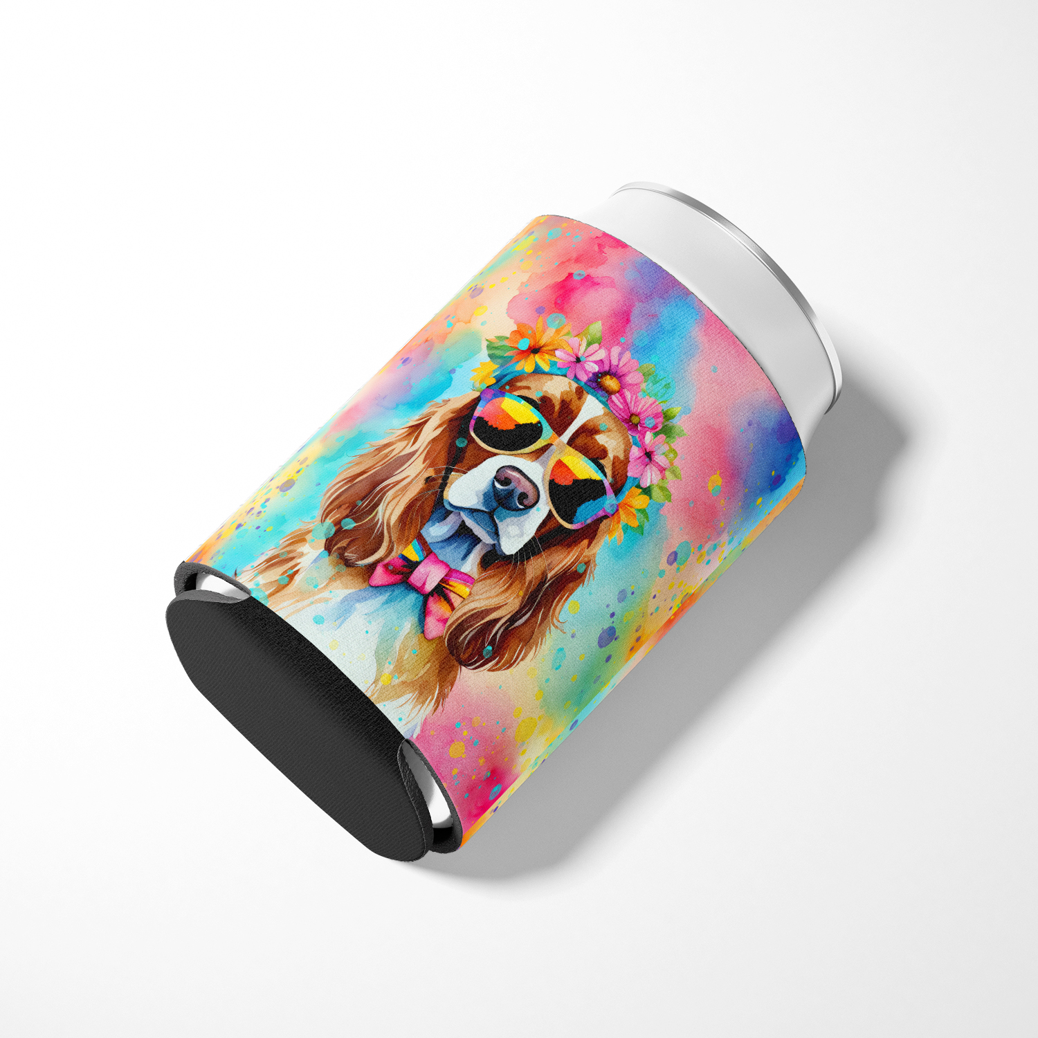 Cavalier Spaniel Hippie Dawg Can or Bottle Hugger 3 in x 5 in