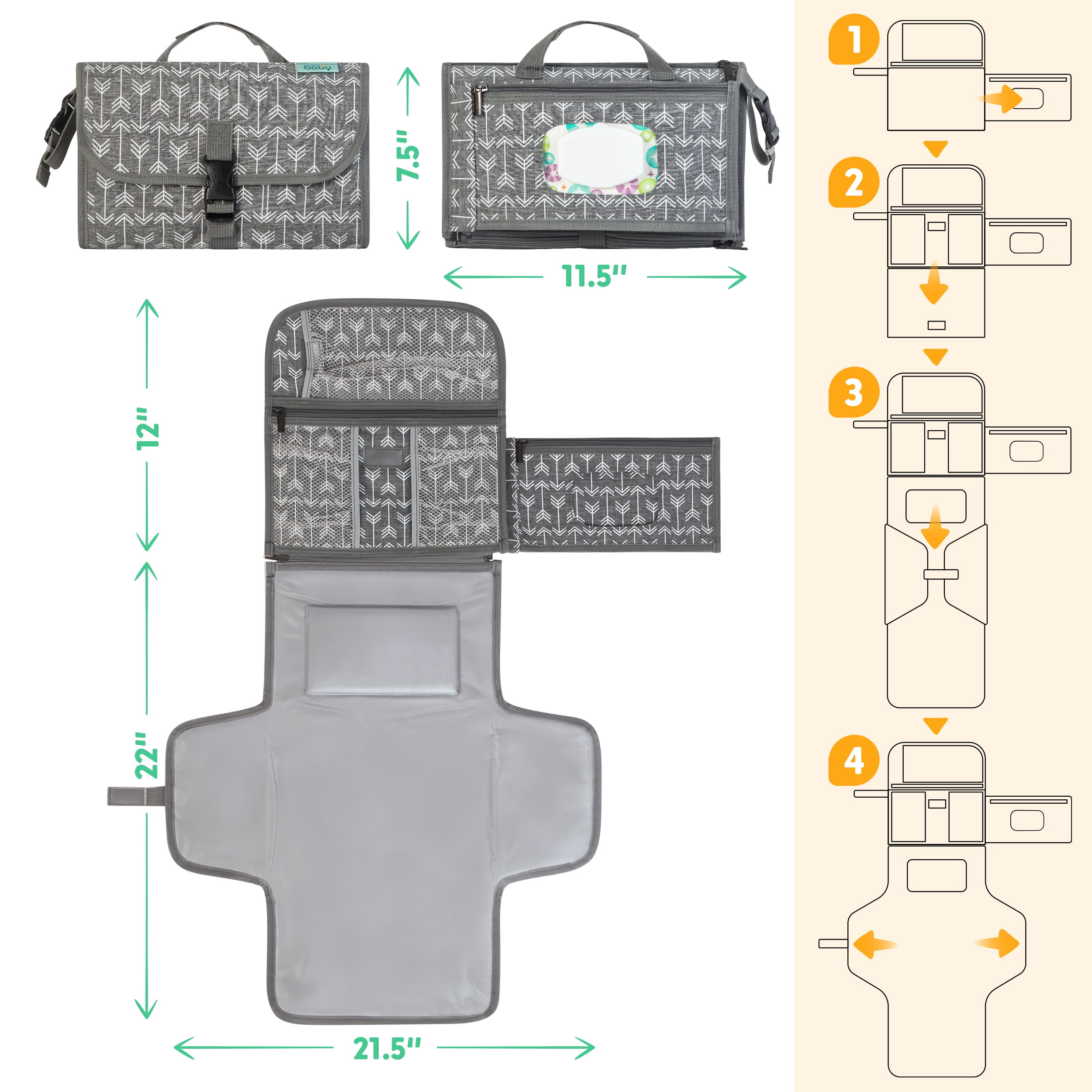 Kopi Baby Portable Diaper Changing Pad Travel Bag with Built-In Pillow, Reversible Wipes Pocket, Foldable Changing Mat, Gray Arrow, Premium