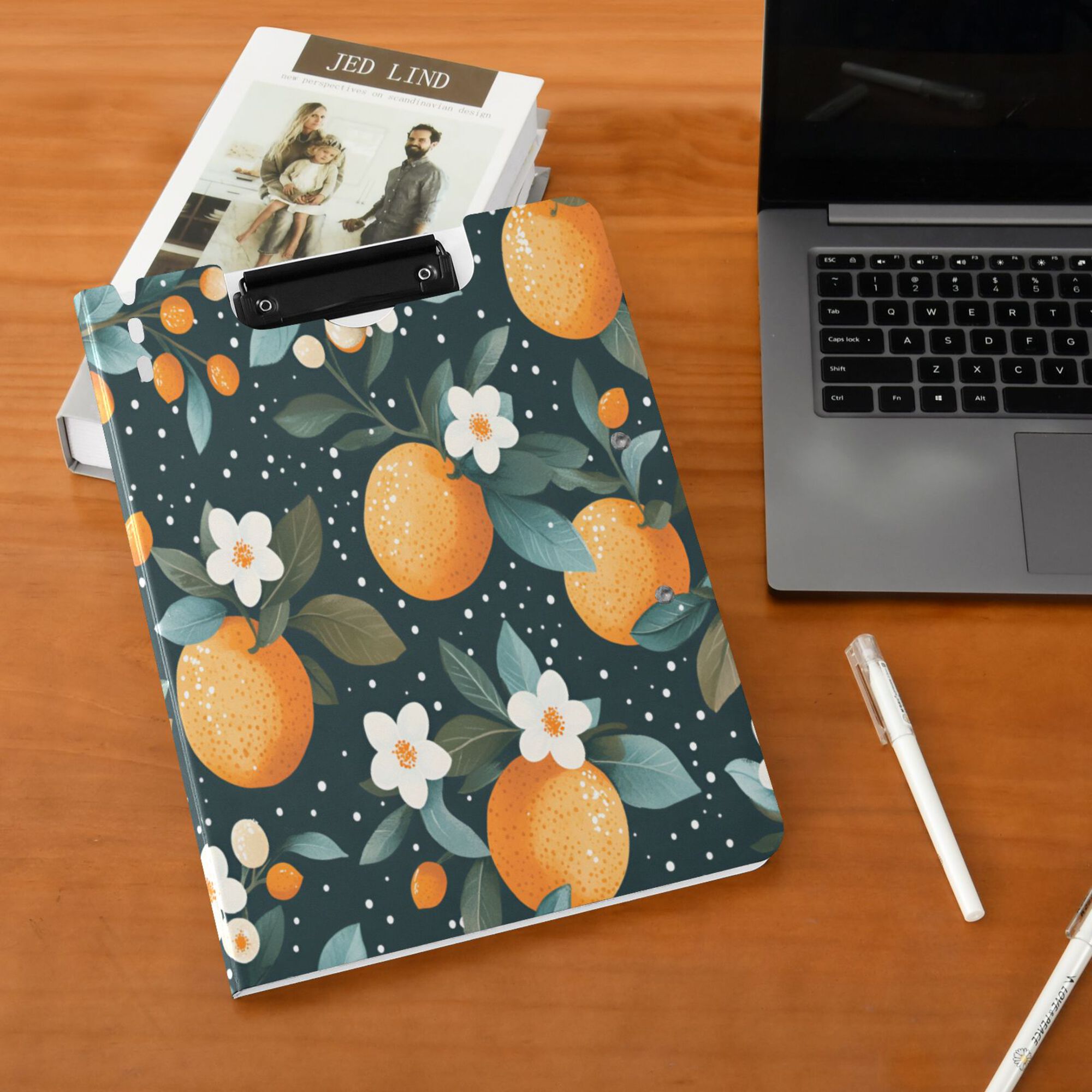 FORMRS A4 Clipboard Folder with Pen Holder Horizontal Foldable School Office Binder, Green Oranges