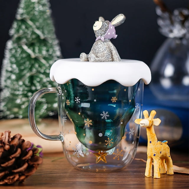 Taza de agua de cristal de cristal de doble capa en forma de árbol de Navidad - taza de 300 ml para bebidas calientes y frías - Vidrio calentador de borosilicato - 11x11,5 cm