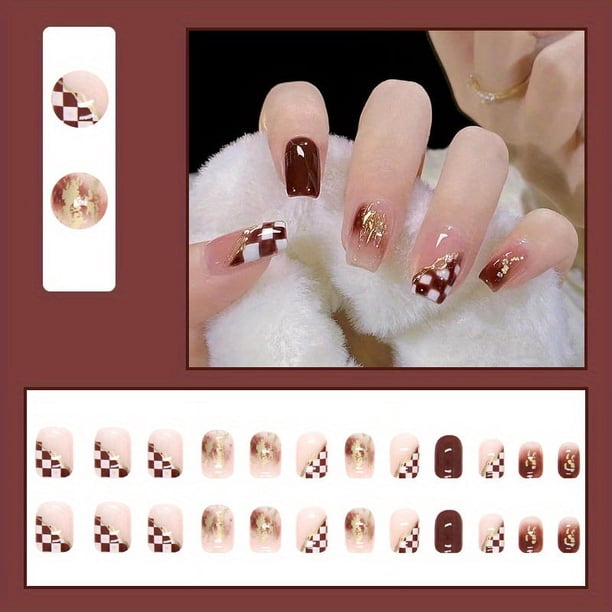 24pcs Pink French Tip Press On Nails Medium Square Fake Nails Glossy Full Cover Glitter Powder Stick On Nails False Nails With White Edge Design, Artificial Acrylic Nails With Glue Sticker For Women G