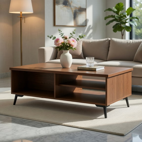 Topcobe Mid Century Modern Coffee Table with Storage Shelves, Center Table for Living Room, Modern Furniture for Home-Walnut