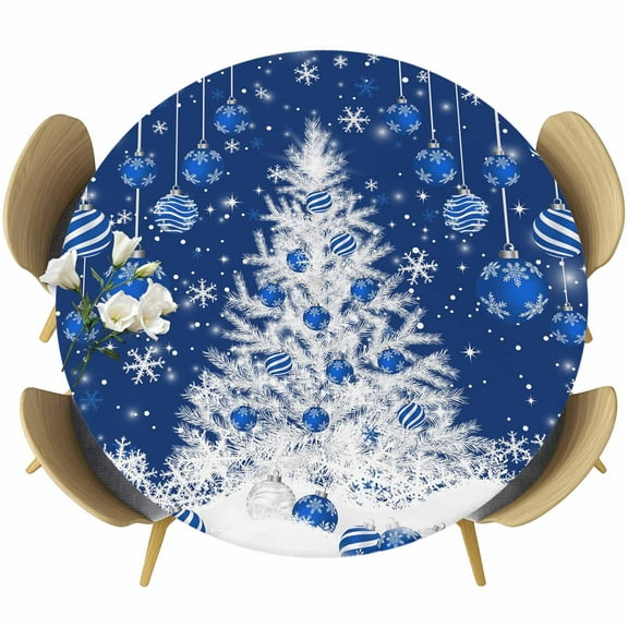 Navy Blue Christmas Tree Fitted Tablecloth with Elastic Edged, Round Table Cloth for Dining Table, Xmas Snowflake Balls Waterproof Oil Proof Table Cover for Indoor Outdoor 55"-60"