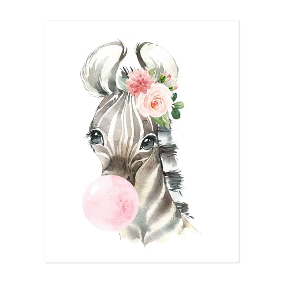 Zebra, Jungle Animals, Safari Animals, Bubble Gum, Pink Flowers, Girl Nursery - Illustration Watercolor Floral Animal Humor Whimsical Unframed Wall Art Print 6 x 8 inches