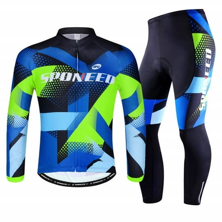 Mens Cycling Jersey Long Sleeve Set Reflective Road Biking Shirts  Breathable Bicycling Pants Blue XXL 