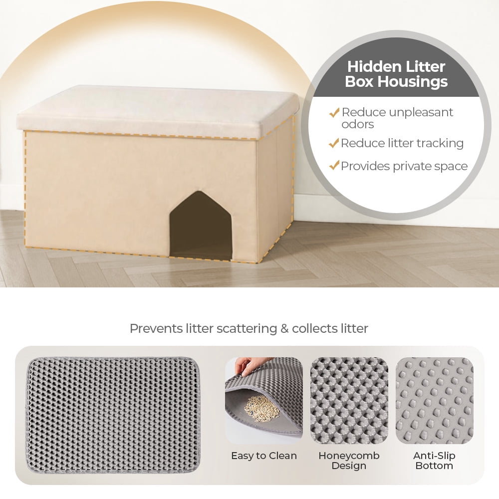 DOMIPET Cat Litter Box Enclosure Hidden Furniture, Multi-Functional Hidden Litter Box Furniture Bench, Dog Proof, Space-Saving Ottoman Cabinet, Foldable Storage Footrest