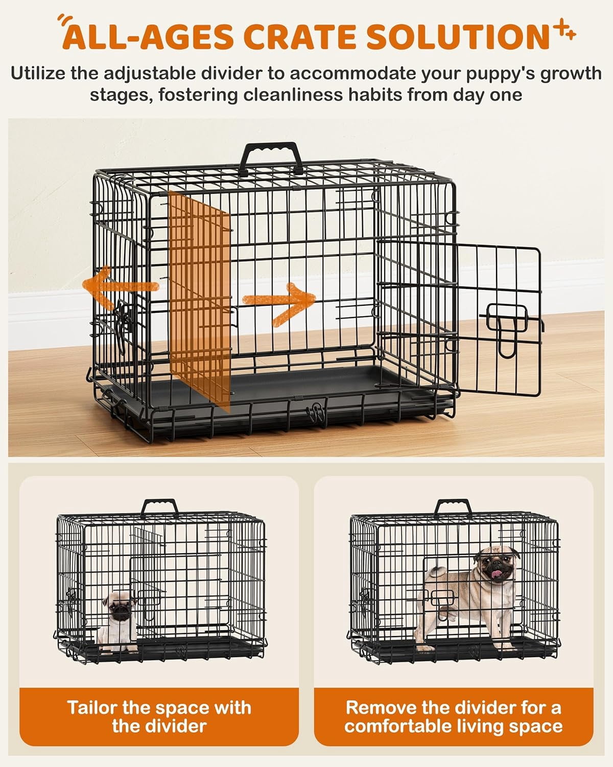 LibraMAl 24 inch Dog Crate Double Door w/Divider for Puppy Collapsible Metal Crate with Removable Tray Wire Kennel Pet Crate for Small Dogs Portable Travel Cage, Black