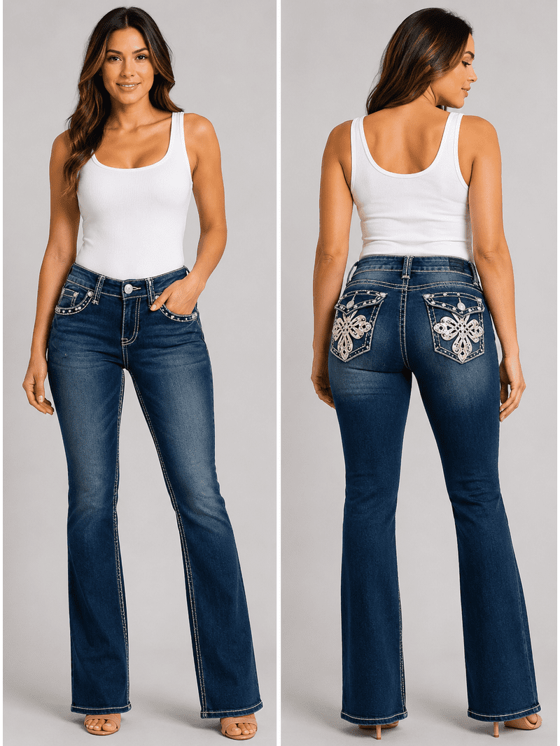 LA Idol Women's Rhinestone Mid Rise Bootcut Jeans, Spandex Cotton