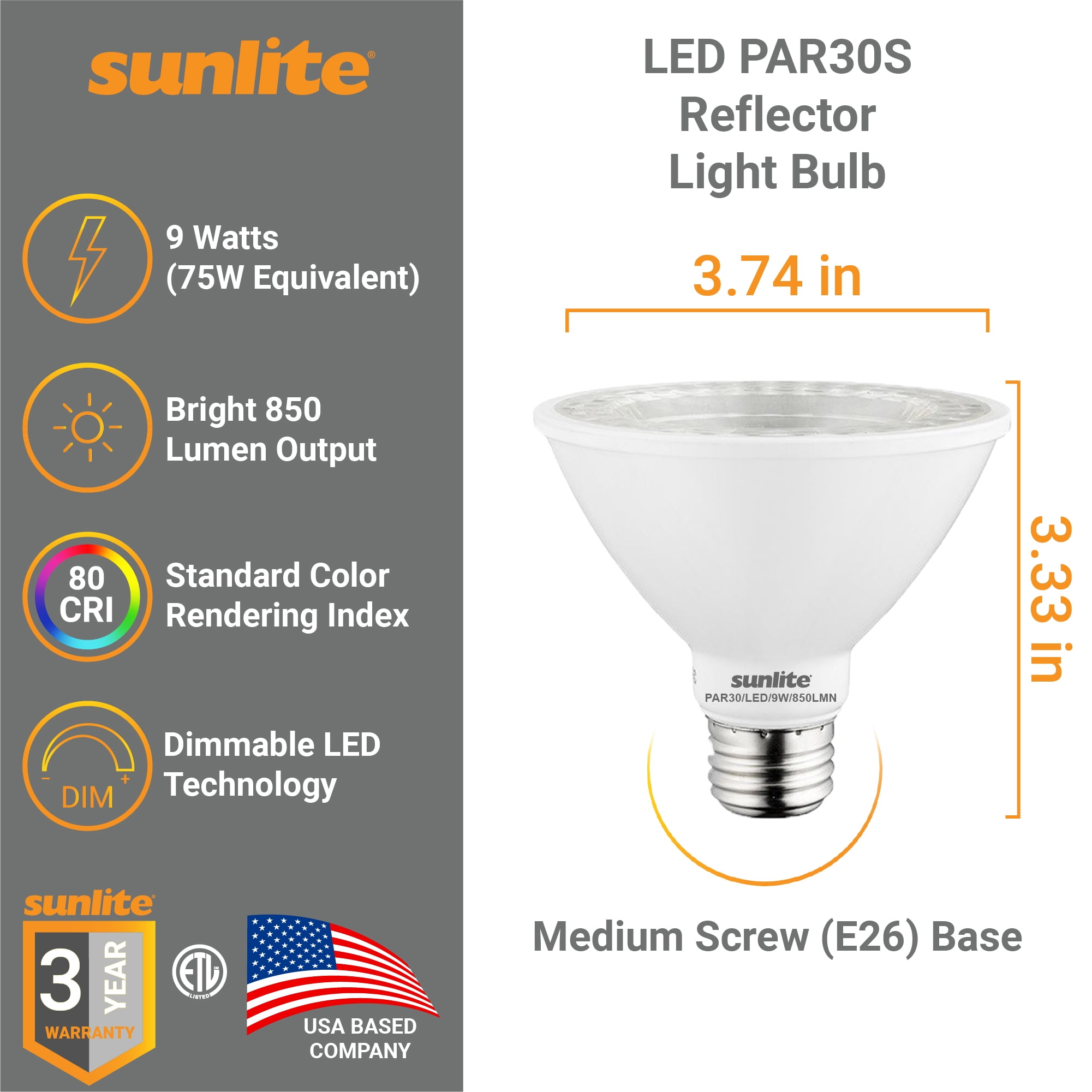 Sunlite LED PAR30 Short Neck Flood Light Bulb, 9 Watts, (75W Equivalent), 850 Lumens, Medium Screw (E26) Base, Dimmable, ETL Listed, 2700K Soft White, 6 Count