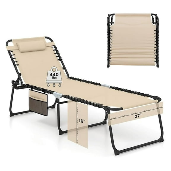 Lounge Chair for Outside, 440lbs 27” Oversize Folding Beach Tanning Sunbath Chair with Adjustable Backrest & Removable Pillow, Lightweight Portable Patio Lounger for Lawn Poolside (Sand,1)