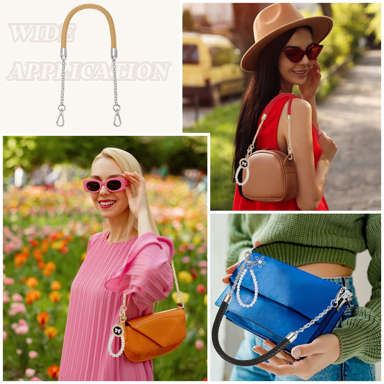 Uxcell 2 Pcs PU Leather Chain Purse Strap, 23.6 Inch Braided Purse Handles Replacement Strap with Pearl Pendant for Tote Bag Handbag Underarm Bag (Apricot, Silver Chain)