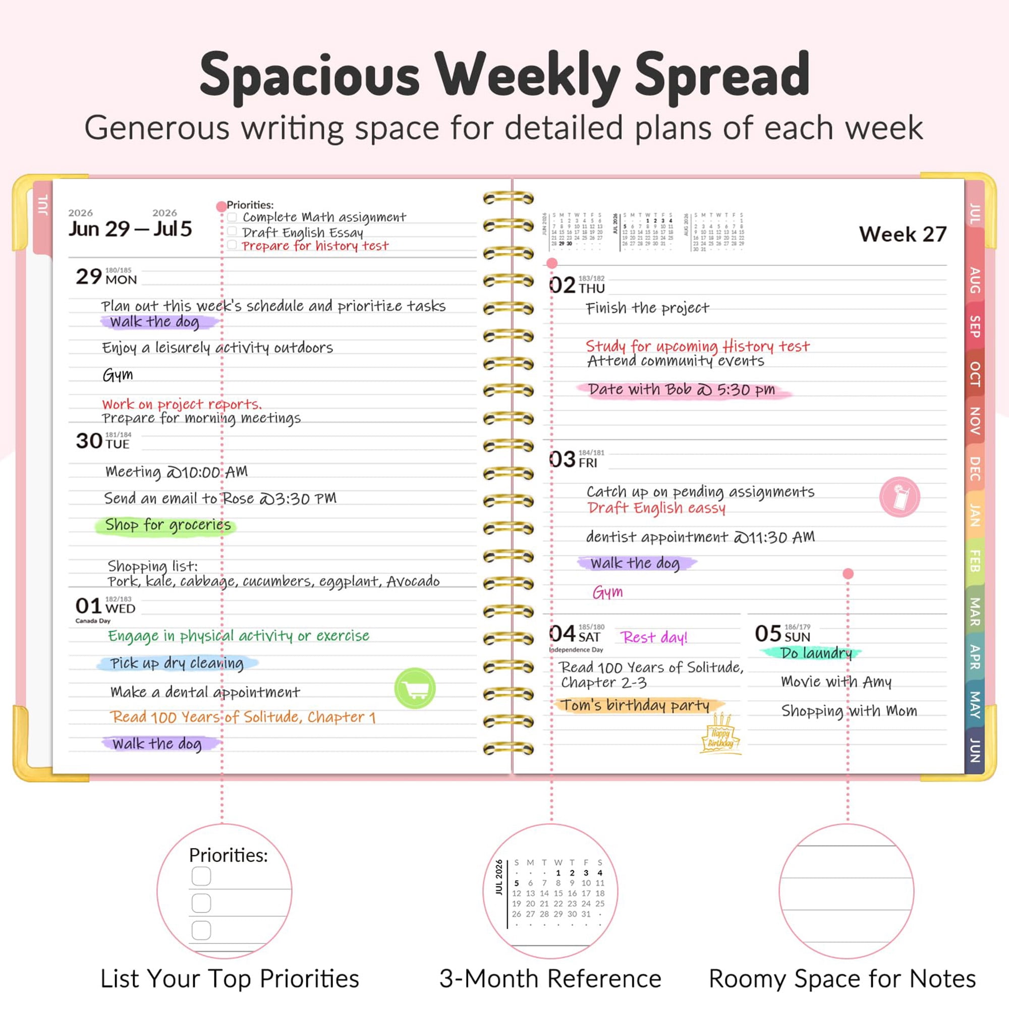 18 Month Academic Planner 2026-2027, July 2026 to December 2027, Weekly Monthly Calendar Planner, Daily Agenda Book for Students Teachers, College Supplies, A4 Size, Pink