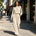 thumbnail image 5 of Szluipve 2 Piece Sets for Women Velvet 2 Piece Matching Outfit High Neck Pleated Long Sleeve Blouse Top & High Waist Wide Leg Palazzo Pants Elegant Party Set with Pockets Beige L, 5 of 9