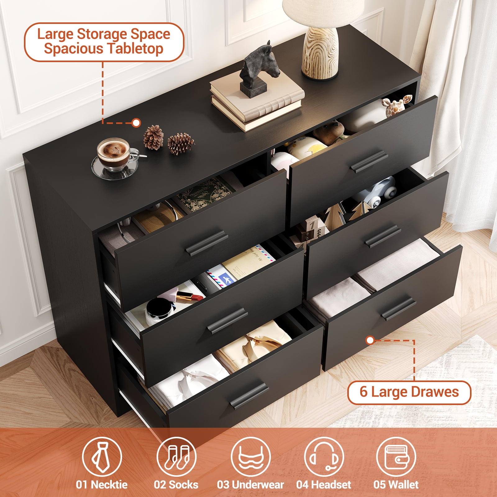 Garvee 6 Drawers Dresser, Modern Closet Dressers Chest of Drawers with Metal Handle, Wooden Dresser Organizer for Bedroom, Living Room, Hallway, Black