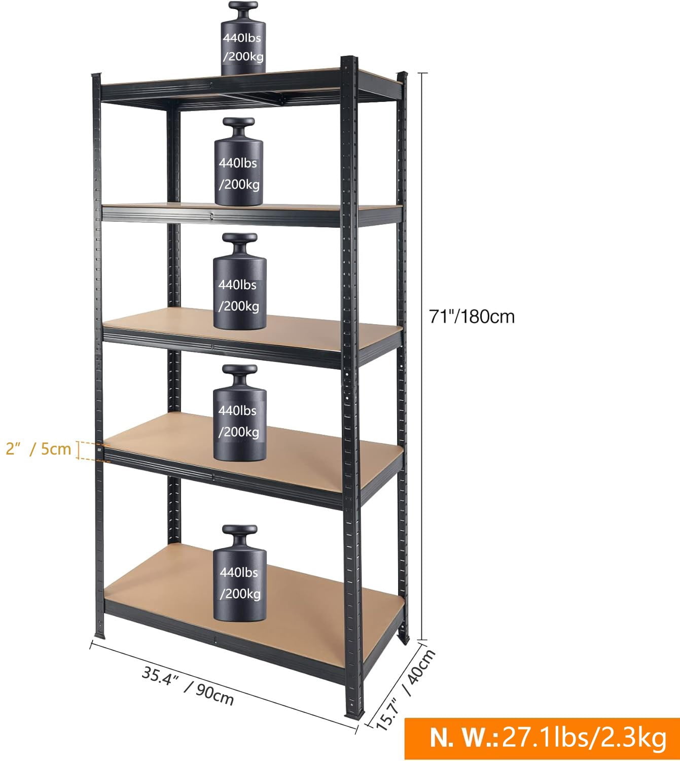 5-Tier Heavy Duty Garage Storage Shelving Unit, 71 in H x 35.5 in W x 15.8 in D, Black
