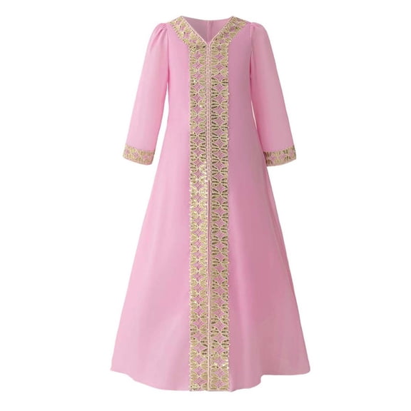 Ticikt Girls Abaya Embroidered Belted Robe Dress Kids Long Sleeve V Neck Lace Prayer Dress Arabic Kaftan Dress,Color:Pink,Size:6-7 Years