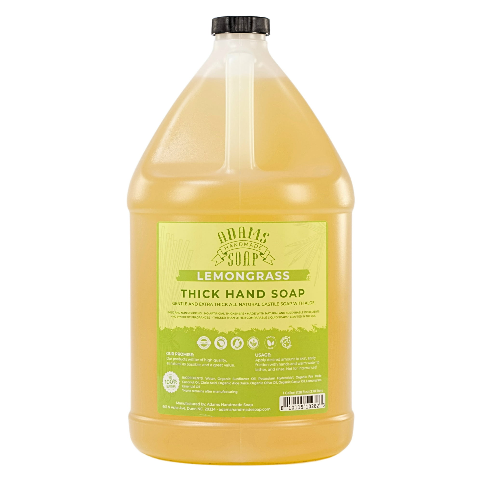Lemongrass Organic Liquid Castile Hand Soap 1 Gallon Refill Adams Handmade Soap