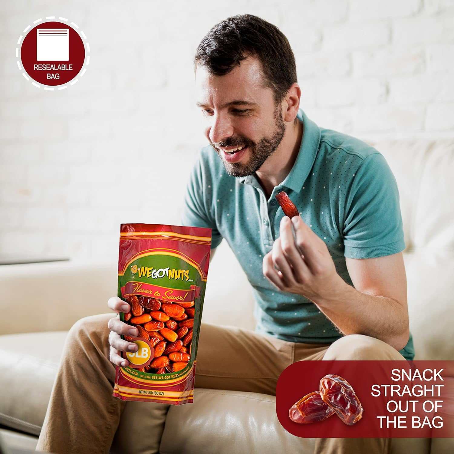 We Got Nuts Pitted Dates Dried Fruit, No Added Sugar, Kosher, 5 lb, 80 oz, Resealable Pouch