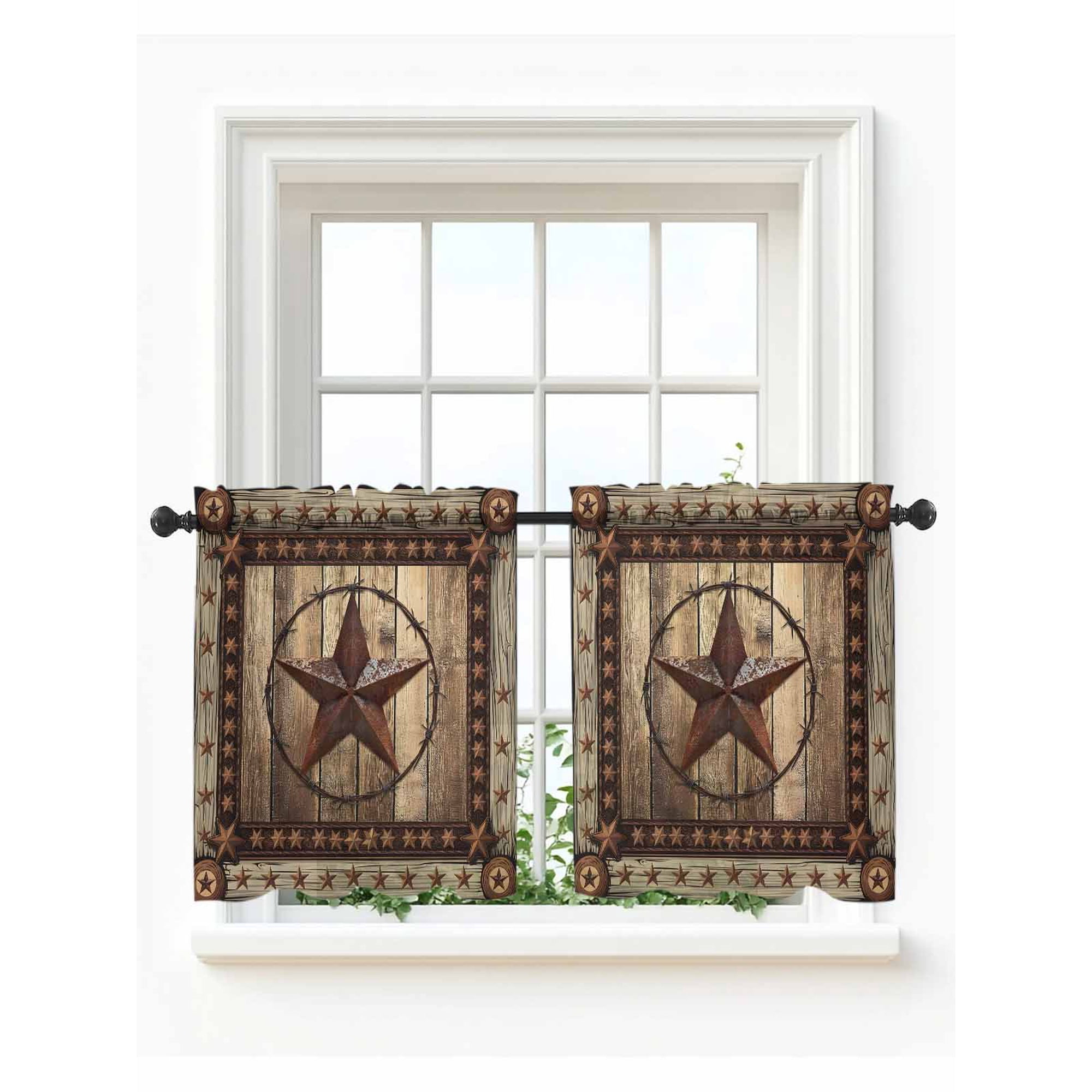 Western Farmhouse Tier Curtains 36 Inch Length,Sheer Curtains for Bedroom Living Room Window Primitive Rustic Country Retro Texas Star Small Half Window Kitchen Curtains & Drapes 27.5"x36" 2 Panels