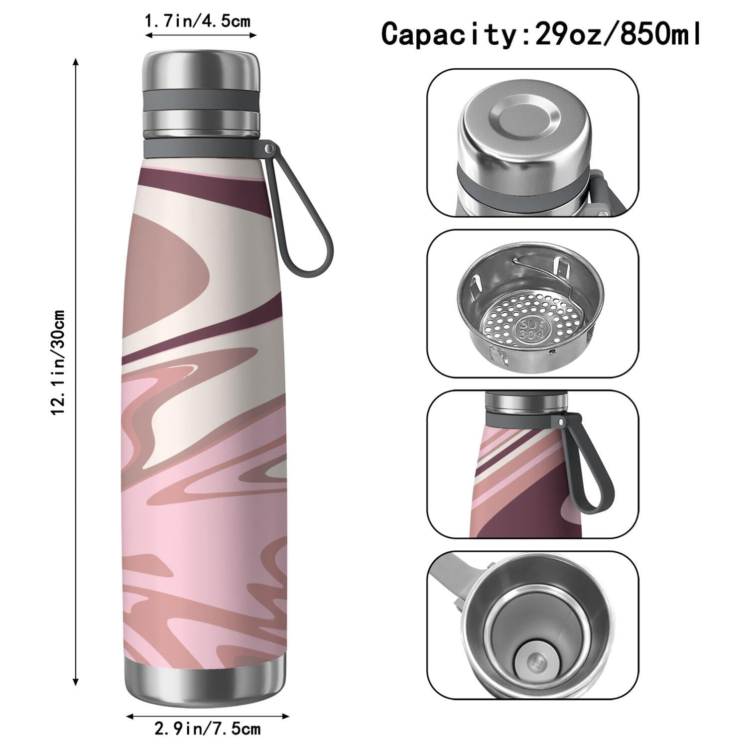 29oz Insulated Water Bottle with Tea Infuser, Stainless Steel Travel Mug, Liquid & Marble Print