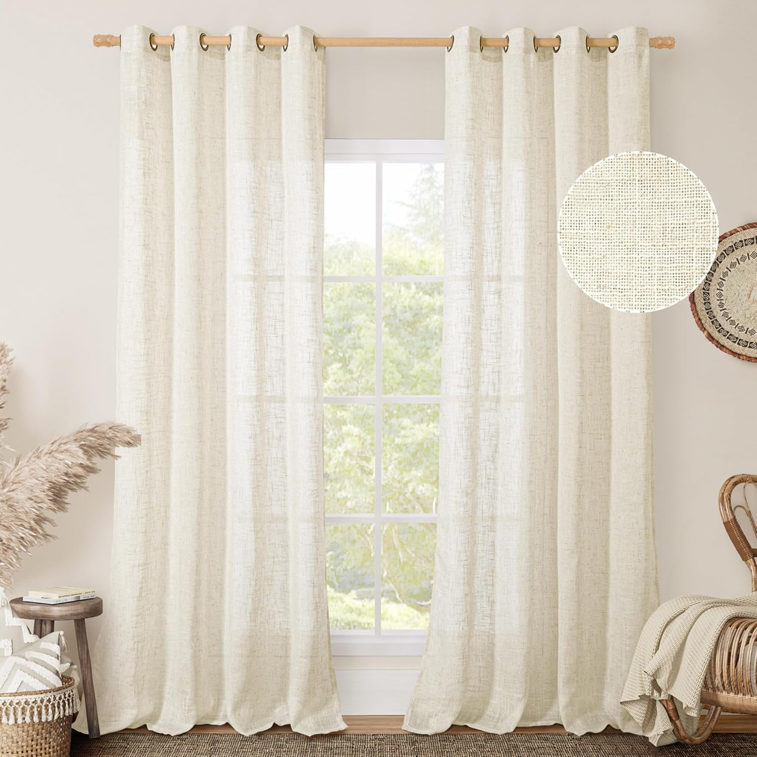 Natural Ivory Linen Semi Sheer Curtains, Cream Light Filtering Soft Thick Neutral Drapes with Bronze Grommet, 2 Panels