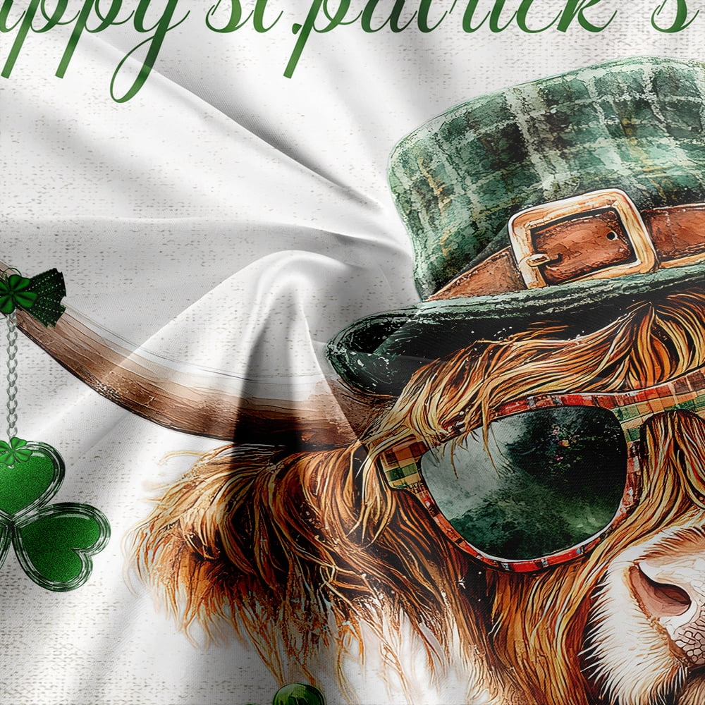 Highland Cow St. Patrick's Day Shower Curtain, Funny Farm Animals on Wooden Board Spring Farmhouse Shower Curtain Sets, Polyester Green Clover Shamrock Leaves Bathroom Accessories with Hooks, 48X70in