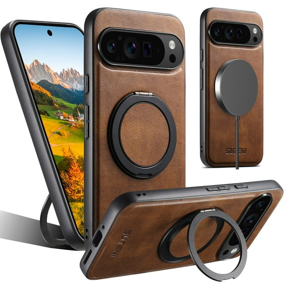 ELEHOLD For Google Pixel 10 /10 Pro Case,Compatible with Mag Safe Accessories, Luxury PU Leather 360° Magnetic Ring Kickstand Slim Shock-Absorbent Case for Google Pixel 10 /10 Pro,Brown