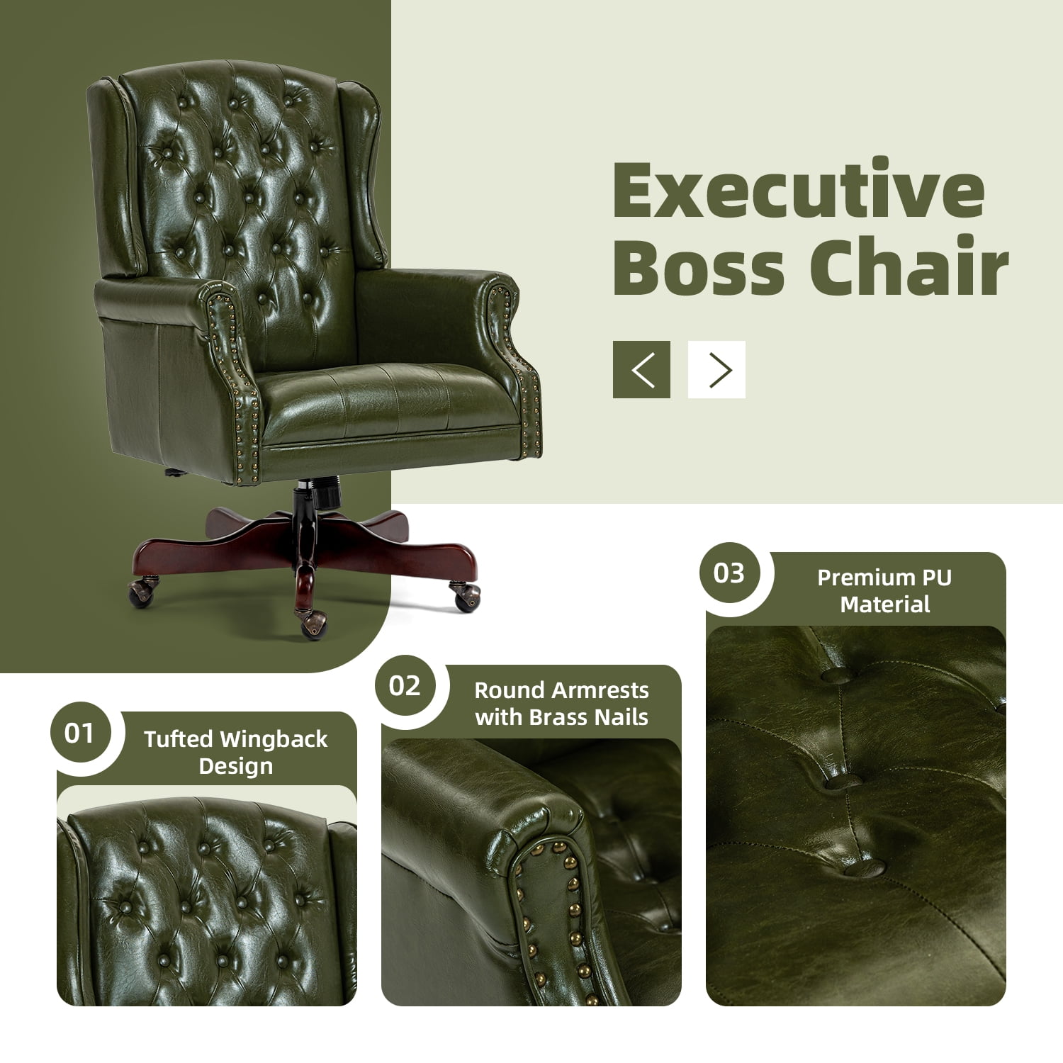 Homhum Classic Boss Office Chair, High Back Faux Leather Swivel Desk Chair, Adult, Green