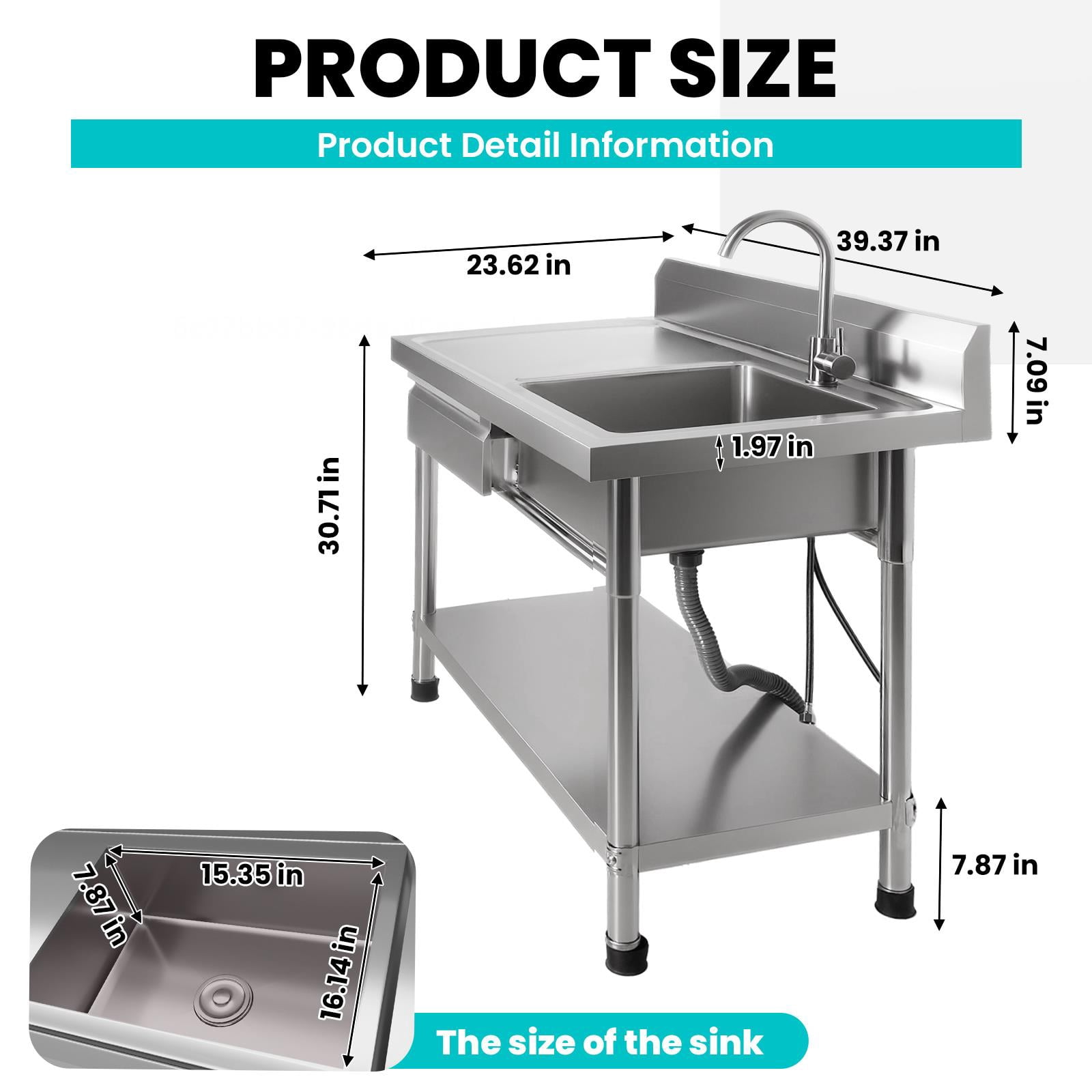 Drawer Stainless Steel Utility Sink,Free Standing Utility Sink With Faucet And Storage Drawer,1.2mm Thick 201 Stainless Steel,Stainless Steel Commercial Sink For Indoor Or Outdoor Use,Silver