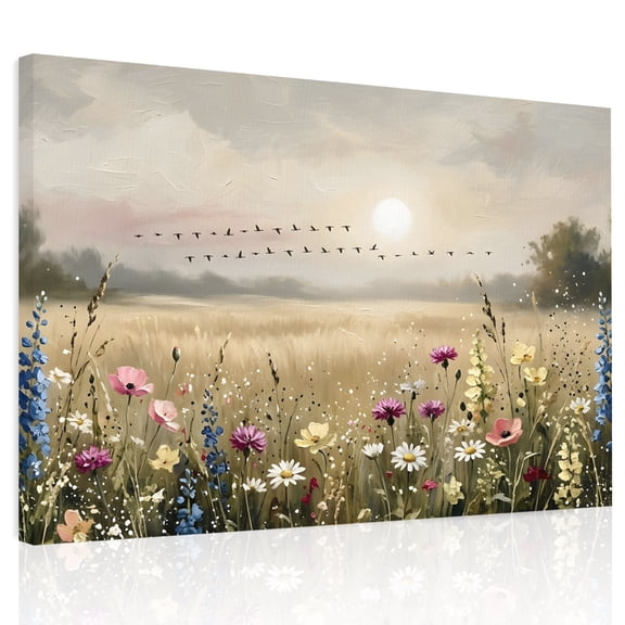 Wildflower Canvas Print Wall Art, Nature Floral Flowers Sunset Birds Wall Decor Modern Artwork Paintings Pictures for Living Room Framed and Stretched Ready to Hang 12" x 16"