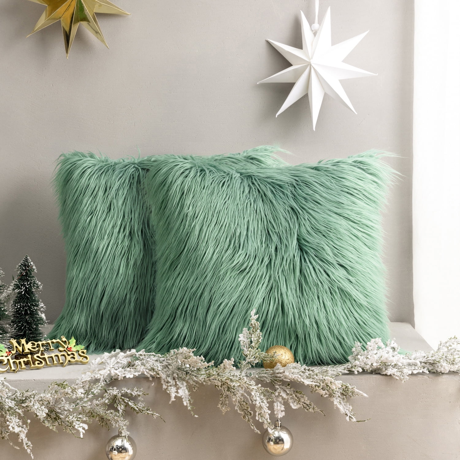 Luxury Mongolian Fluffy Faux Fur Series Square Decorative Throw Pillow Cusion for Couch, 22" x 22", Green, 2 Pack
