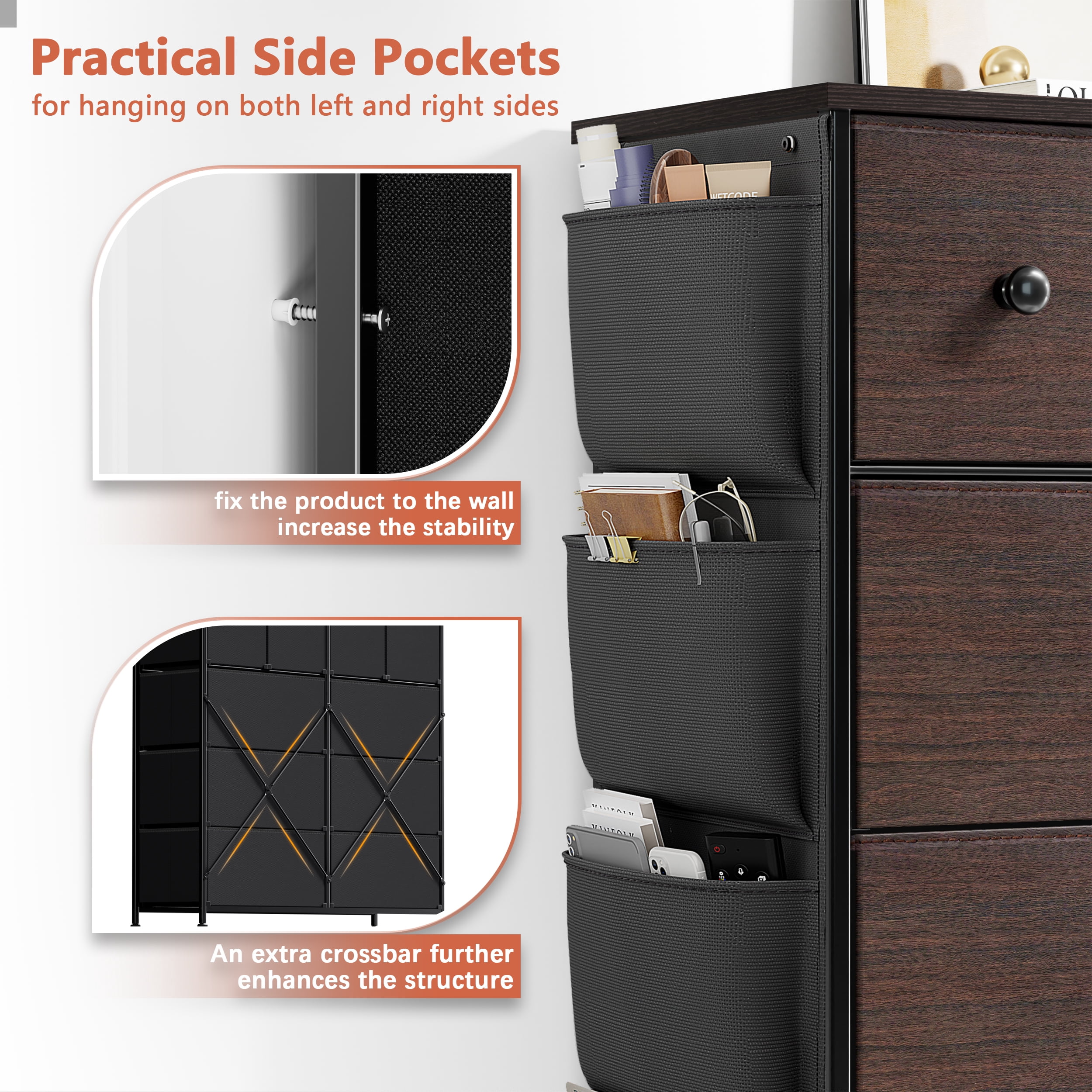 KOUSEI 10 Drawer Dresser,Fabric Dressers for Bedroom,Chest of Drawers with 4 Side Pockets,Storage Drawers,Brown