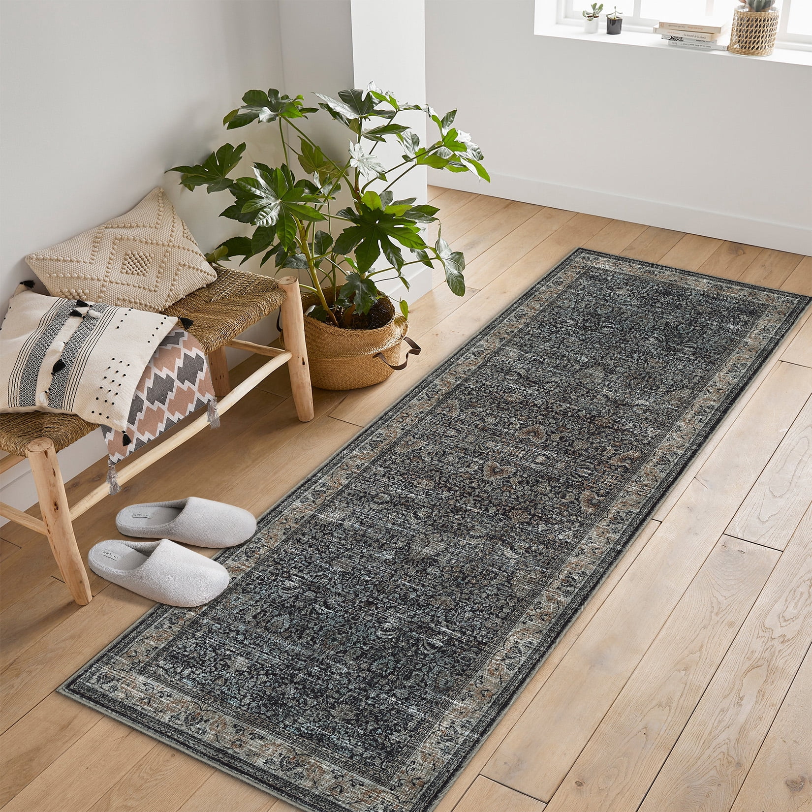 Washable Runner Rugs, Reddish Brown 2'X6' Antique Distressed Long Rug, Modern Non Slip Stain Resistant Vintage Print Accent Carpet for Living Room Bedroom Dining Office Farmhouse Hallway Entryway