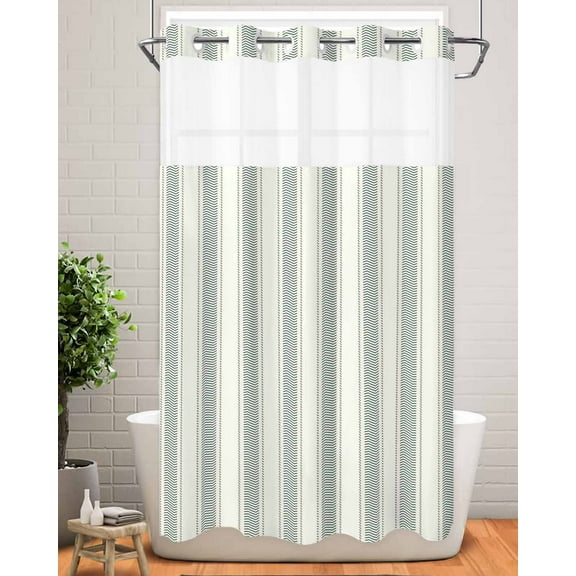 No Hook Shower Curtain with Snap in Liner,Sage Green Stripe Abstract Geometric Waterproof Bath Curtain Double Layers with See Through Top Window,Minimalistic Style Hotel Shower Curtains 36x72in