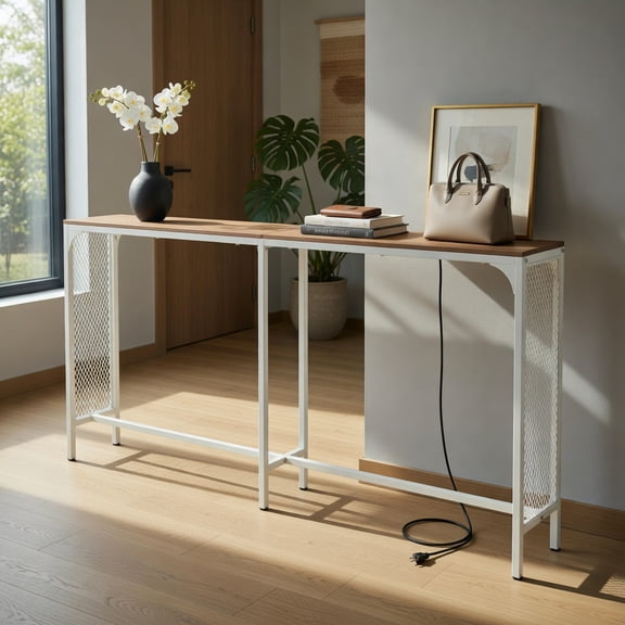 Resenkos 71 Inch Slim Entryway Table with Power Outlet, Narrow Console Table with Charging Ports for Small Space, Bedroom, Natural