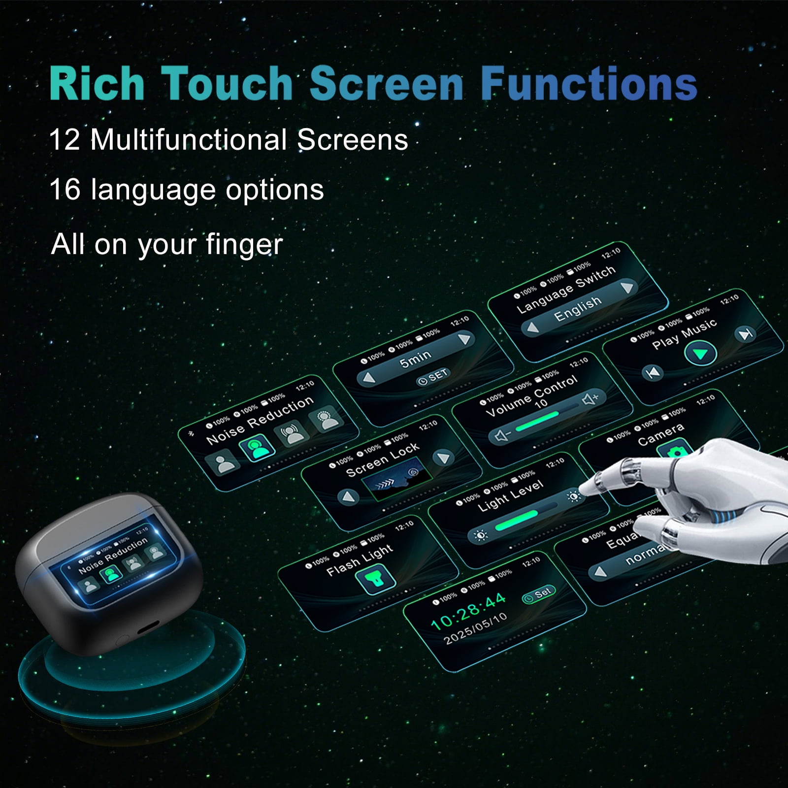Wireless Earbuds Bluetooth Headphones, Ear Buds with Touch Screen, ANC ENC Noise Cancelling Transparency Mode, 50H Stereo Deep Bass, IPX7 Waterproof, Clear Calls, 5 EQ for iOS Android