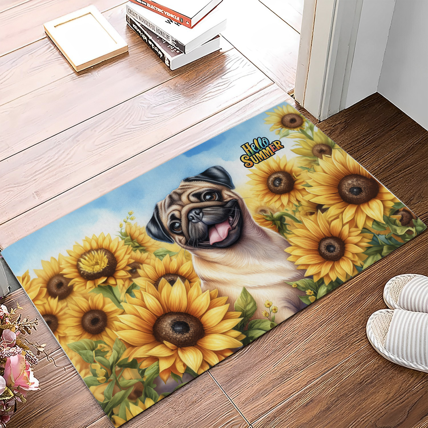 Pug Hello Summer Sunshine Sunflowers Spring Retro Vintage Doormat Dog Lover Gifts Indoor Outdoor Welcome Mat - 00008