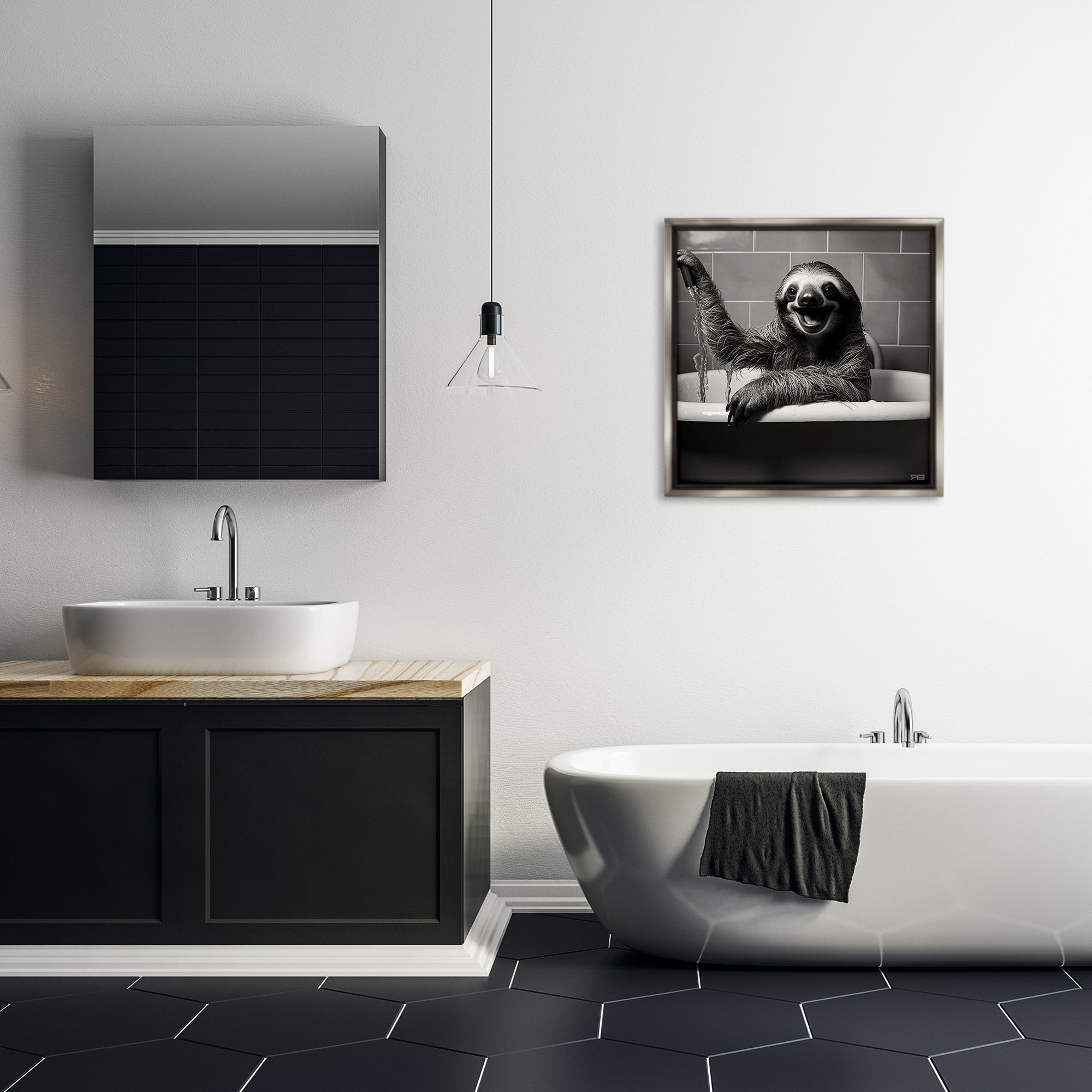 Stupell Industries Smiling Sloth in Tub Animals & Insects Painting Gray Floater Framed Canvas Art Print Wall Art, 25 x 25