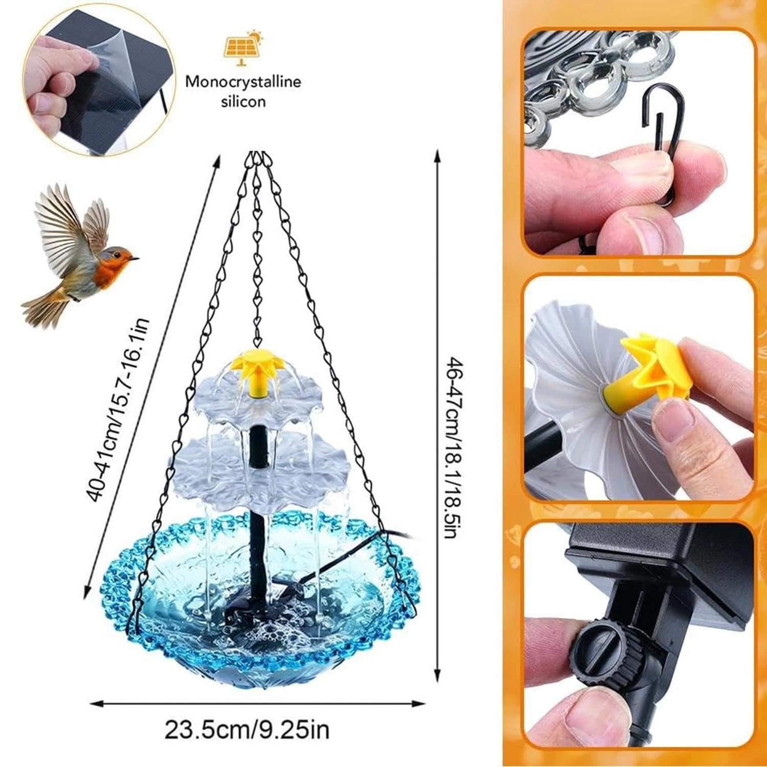 Solar Cascade Hanging Bird Bath Fountain, Creative Designs, Outdoor Decorations, Garden Gifts, Large Humming Birds Bath Fountain
