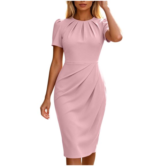 GZMOALH Women's Short Sleeve Crew Neck Midi Dress with Ruched Waist and Fitted Sheath Shape